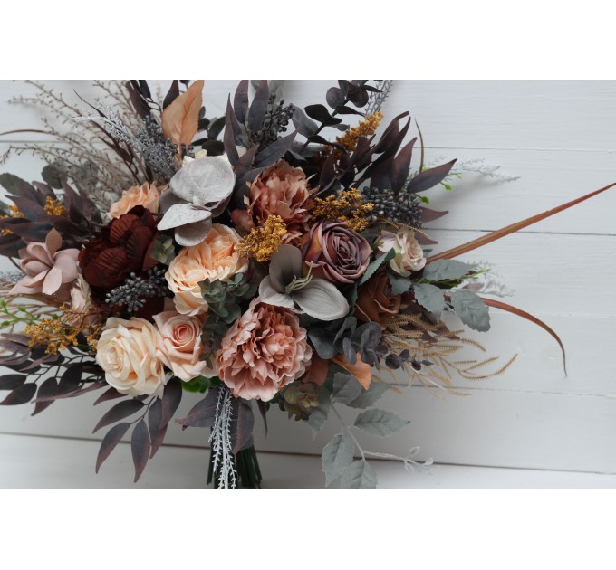 Wedding bouquets in gray peach brown colors. Bridal bouquet. Faux bouquet. Bridesmaid bouquet. 5106