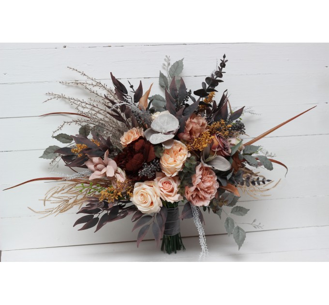 Wedding bouquets in gray peach brown colors. Bridal bouquet. Faux bouquet. Bridesmaid bouquet. 5106