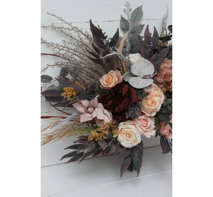 Wedding bouquets in gray peach brown colors. Bridal bouquet. Faux bouquet. Bridesmaid bouquet. 5106