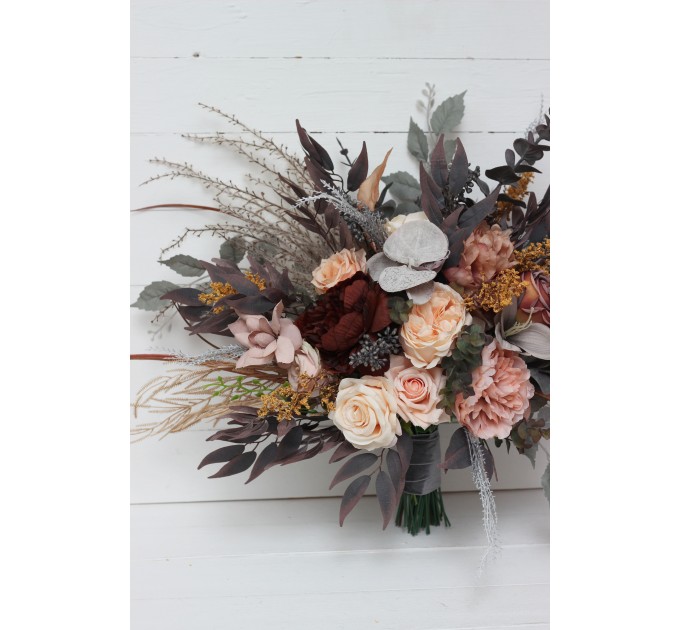 Wedding bouquets in gray peach brown colors. Bridal bouquet. Faux bouquet. Bridesmaid bouquet. 5106
