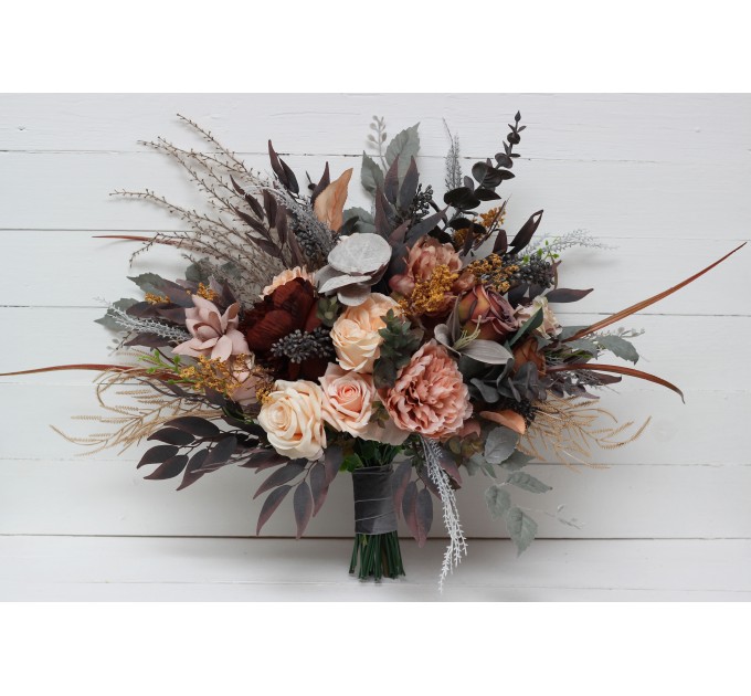Wedding bouquets in gray peach brown colors. Bridal bouquet. Faux bouquet. Bridesmaid bouquet. 5106