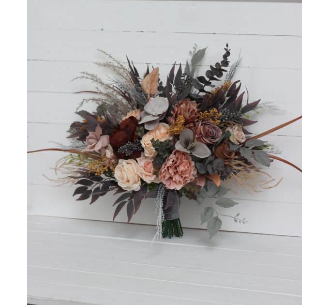 Wedding bouquets in gray peach brown colors. Bridal bouquet. Faux bouquet. Bridesmaid bouquet. 5106