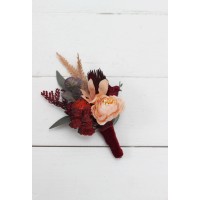  Wedding boutonnieres and wrist corsage  in burnt orange red burgundy  color scheme. Flower accessories. 5103-1