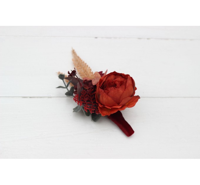  Wedding boutonnieres and wrist corsage  in burnt orange red burgundy  color scheme. Flower accessories. 5103-1