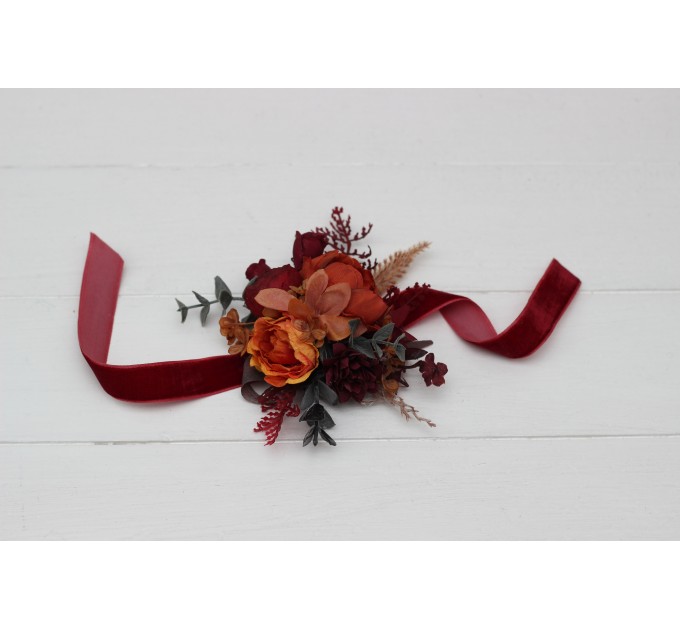  Wedding boutonnieres and wrist corsage  in burnt orange red burgundy  color scheme. Flower accessories. 5103-1