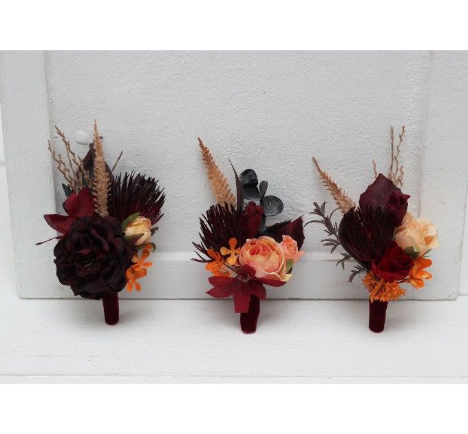  Wedding boutonnieres and wrist corsage  in burnt orange red burgundy  color scheme. Flower accessories. 5103