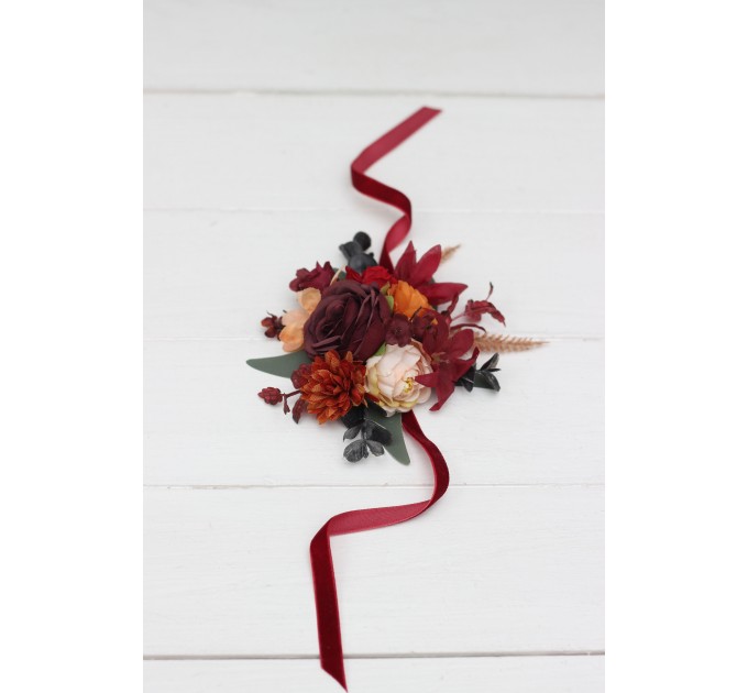  Wedding boutonnieres and wrist corsage  in burnt orange red burgundy  color scheme. Flower accessories. 5103-1