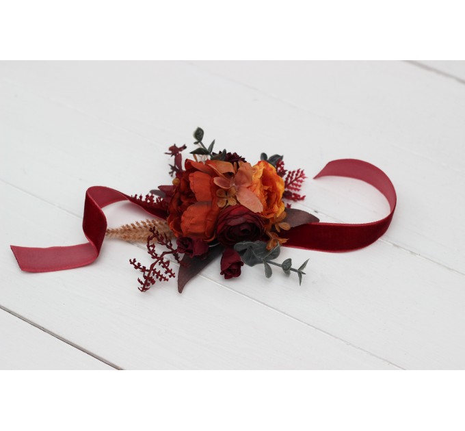  Wedding boutonnieres and wrist corsage  in burnt orange red burgundy  color scheme. Flower accessories. 5103-2