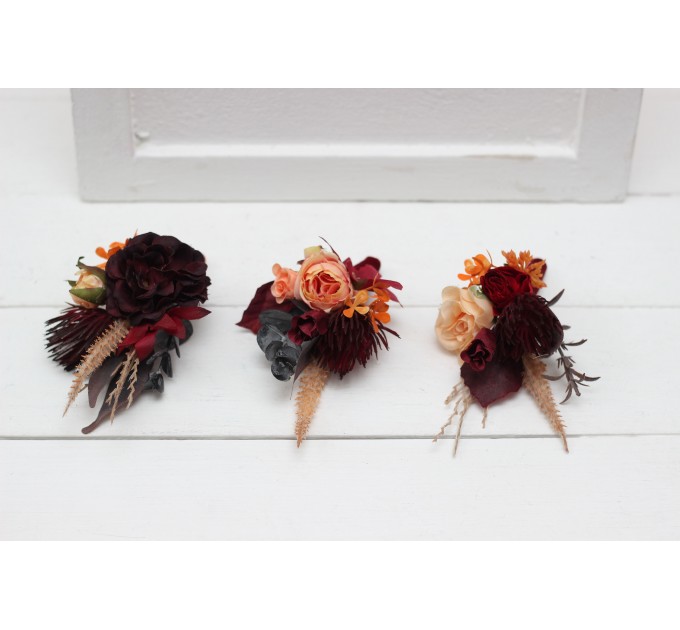  Wedding boutonnieres and wrist corsage  in burnt orange red burgundy  color scheme. Flower accessories. 5103