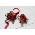  Wedding boutonnieres and wrist corsage  in burnt orange red burgundy  color scheme. Flower accessories. 5103-2
