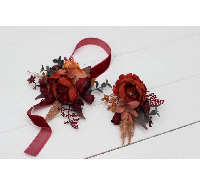  Wedding boutonnieres and wrist corsage  in burnt orange red burgundy  color scheme. Flower accessories. 5103-2