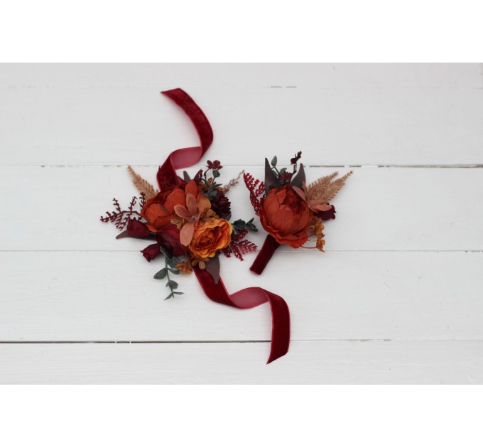  Wedding boutonnieres and wrist corsage  in burnt orange red burgundy  color scheme. Flower accessories. 5103-2