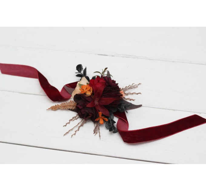  Wedding boutonnieres and wrist corsage  in burnt orange red burgundy  color scheme. Flower accessories. 5103