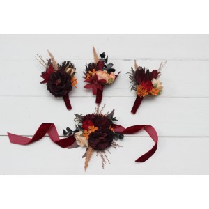  Wedding boutonnieres and wrist corsage  in burnt orange red burgundy  color scheme. Flower accessories. 5103