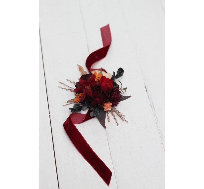  Wedding boutonnieres and wrist corsage  in burnt orange red burgundy  color scheme. Flower accessories. 5103