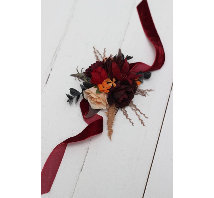  Wedding boutonnieres and wrist corsage  in burnt orange red burgundy  color scheme. Flower accessories. 5103