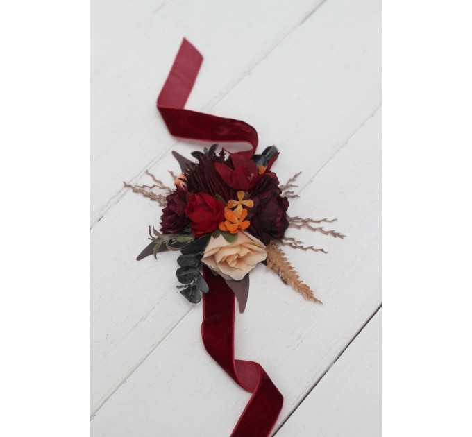  Wedding boutonnieres and wrist corsage  in burnt orange red burgundy  color scheme. Flower accessories. 5103