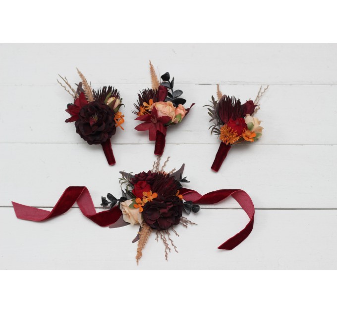  Wedding boutonnieres and wrist corsage  in burnt orange red burgundy  color scheme. Flower accessories. 5103