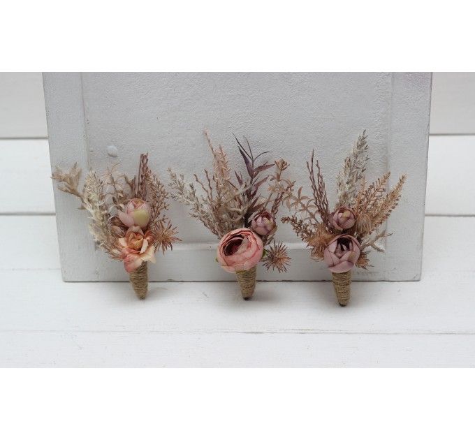  Wedding boutonnieres and wrist corsage  in terracotta dusty rose beige color scheme. Flower accessories. 5102