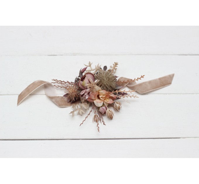  Wedding boutonnieres and wrist corsage  in terracotta dusty rose beige color scheme. Flower accessories. 5102