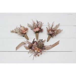  Wedding boutonnieres and wrist corsage  in terracotta dusty rose beige color scheme. Flower accessories. 5102