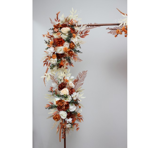  Flower arch arrangement in burnt orange ivory colors.  Arbor flowers. Floral archway. Faux flowers for wedding arch. 5107