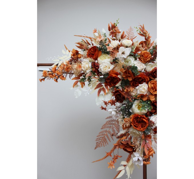  Flower arch arrangement in burnt orange ivory colors.  Arbor flowers. Floral archway. Faux flowers for wedding arch. 5107