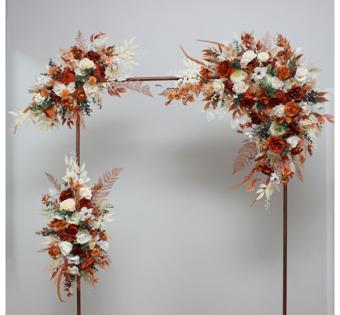  Flower arch arrangement in burnt orange ivory colors.  Arbor flowers. Floral archway. Faux flowers for wedding arch. 5107