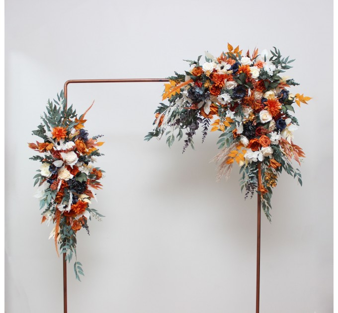  Flower arch arrangement in burnt orange ivory navy blue colors.  Arbor flowers. Floral archway. Faux flowers for wedding arch. 5111