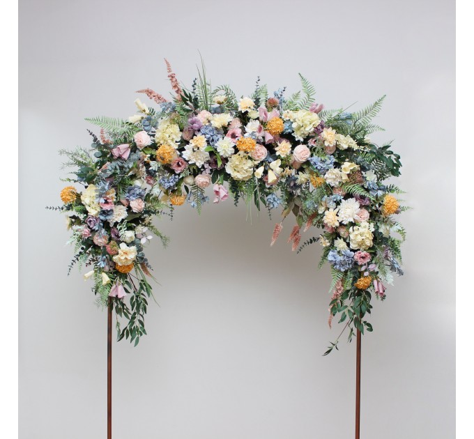  Wildflowers. Flower arch arrangement in pink yellow dusty blue colors.  Arbor flowers. Floral archway. Faux flowers for wedding arch. 5110