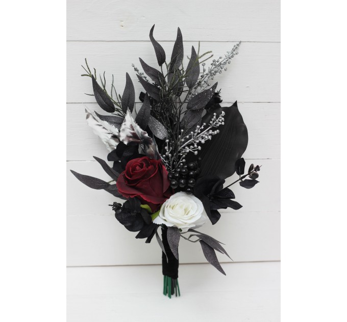 Wedding bouquets in  burgundy black silver colors. Bridal bouquet.  Faux bouquet. Bridesmaid bouquet. 5108