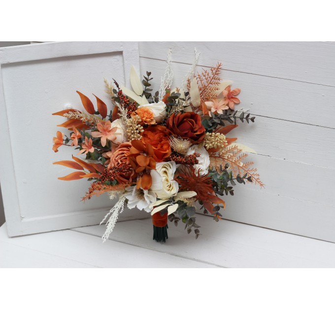 Wedding bouquets in burnt orange ivory colors. Bridal bouquet. Faux bouquet. Bridesmaid bouquet. 5107