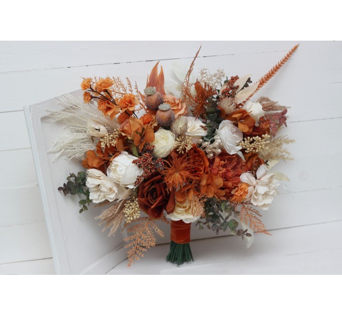 Wedding bouquets in burnt orange ivory colors. Bridal bouquet. Faux bouquet. Bridesmaid bouquet. 5107