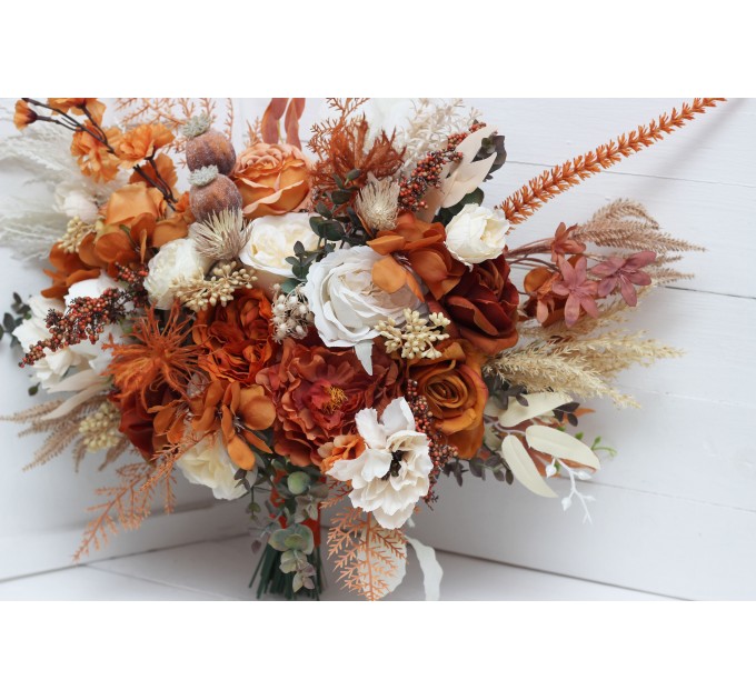 Wedding bouquets in burnt orange ivory colors. Bridal bouquet. Faux bouquet. Bridesmaid bouquet. 5107