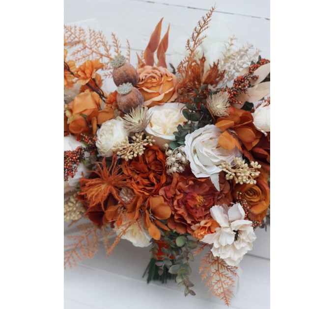 Wedding bouquets in burnt orange ivory colors. Bridal bouquet. Faux bouquet. Bridesmaid bouquet. 5107