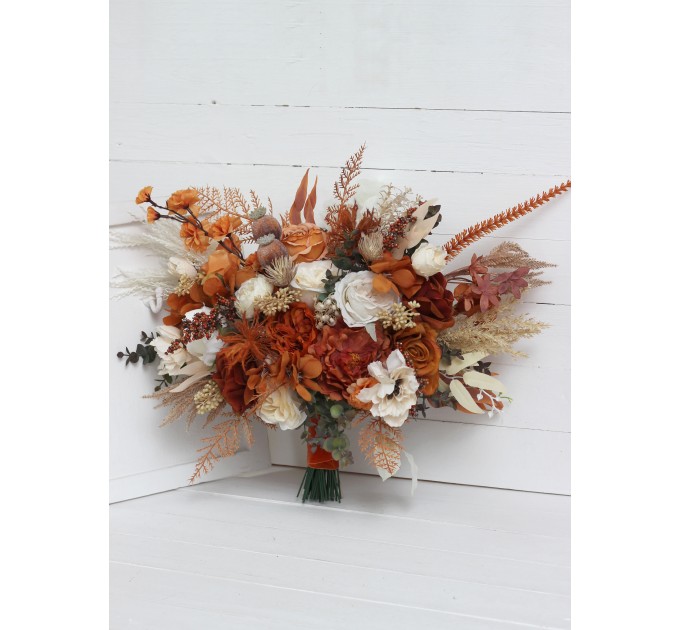 Wedding bouquets in burnt orange ivory colors. Bridal bouquet. Faux bouquet. Bridesmaid bouquet. 5107
