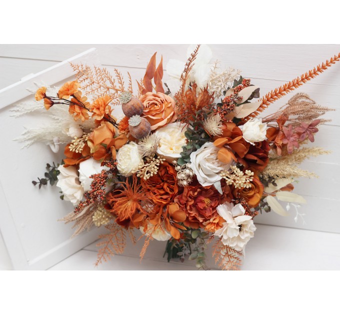 Wedding bouquets in burnt orange ivory colors. Bridal bouquet. Faux bouquet. Bridesmaid bouquet. 5107
