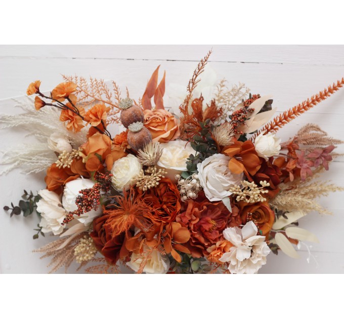 Wedding bouquets in burnt orange ivory colors. Bridal bouquet. Faux bouquet. Bridesmaid bouquet. 5107