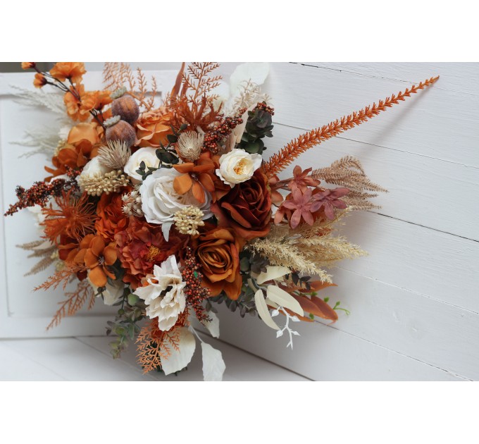 Wedding bouquets in burnt orange ivory colors. Bridal bouquet. Faux bouquet. Bridesmaid bouquet. 5107