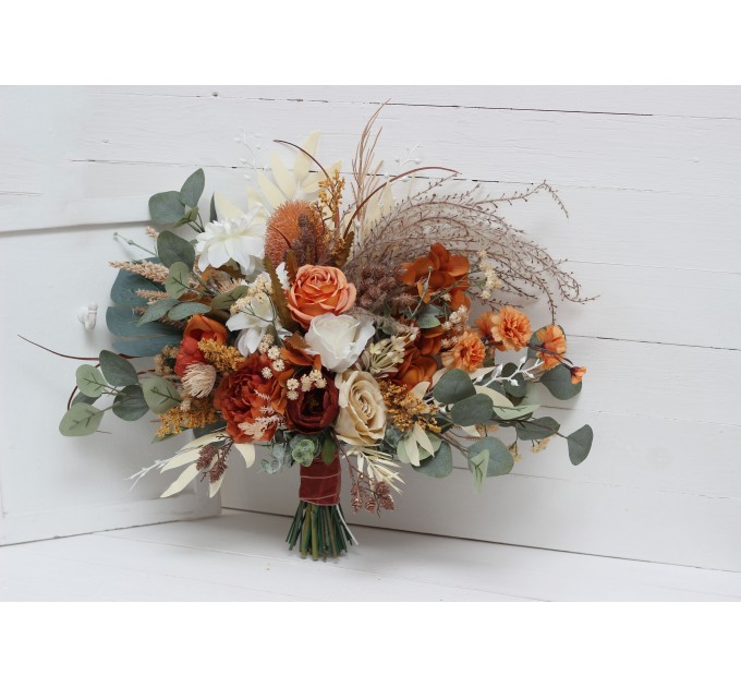 Wedding bouquets in burnt orange ivory colors. Bridal bouquet. Faux bouquet. Bridesmaid bouquet. 5109
