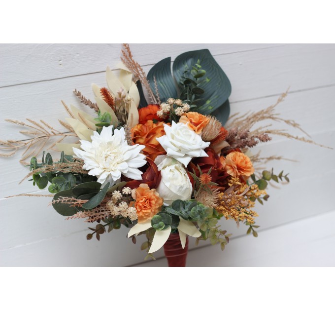 Wedding bouquets in burnt orange ivory colors. Bridal bouquet. Faux bouquet. Bridesmaid bouquet. 5109