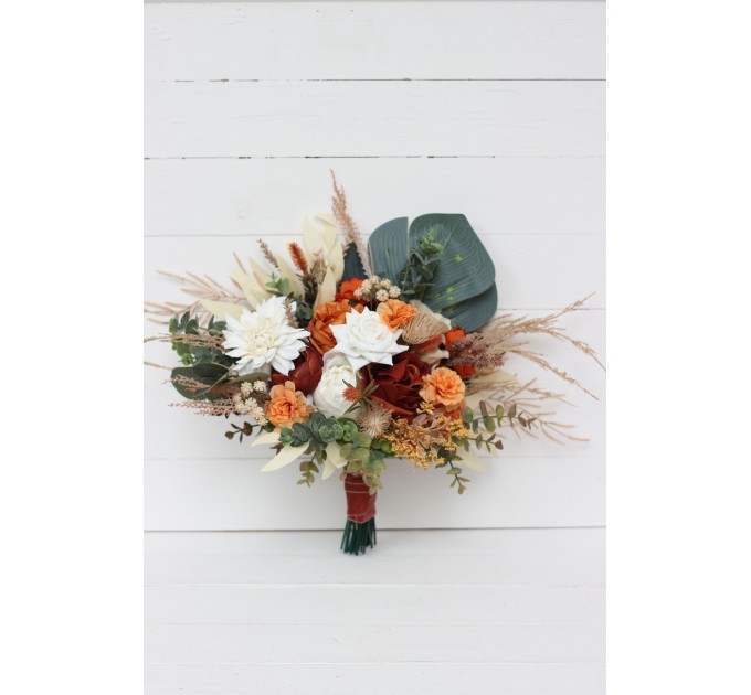 Wedding bouquets in burnt orange ivory colors. Bridal bouquet. Faux bouquet. Bridesmaid bouquet. 5109