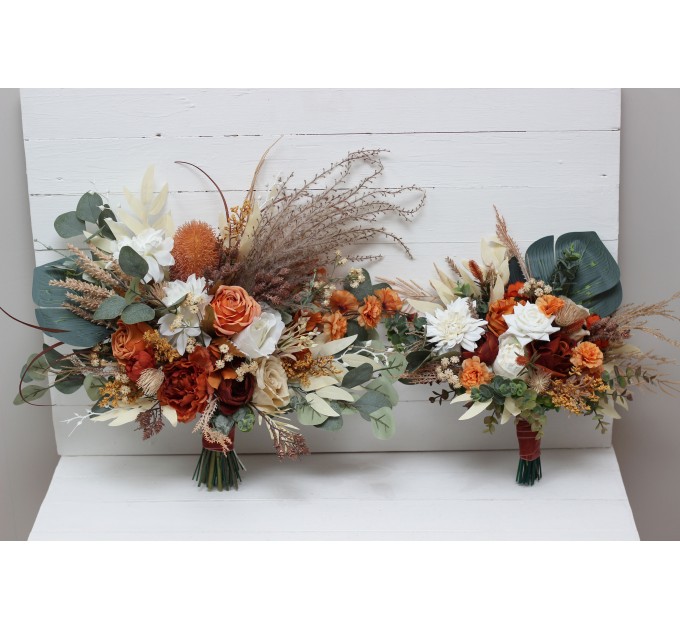Wedding bouquets in burnt orange ivory colors. Bridal bouquet. Faux bouquet. Bridesmaid bouquet. 5109