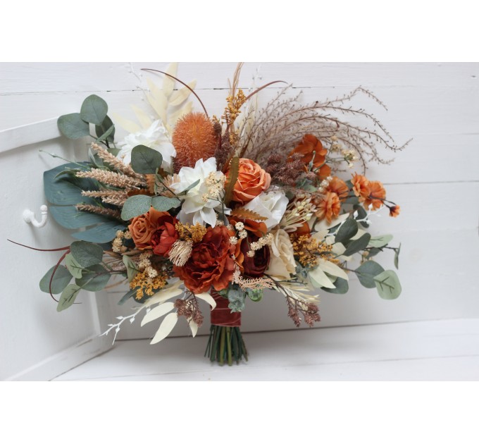 Wedding bouquets in burnt orange ivory colors. Bridal bouquet. Faux bouquet. Bridesmaid bouquet. 5109
