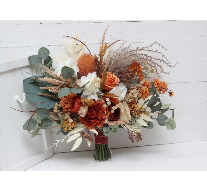 Wedding bouquets in burnt orange ivory colors. Bridal bouquet. Faux bouquet. Bridesmaid bouquet. 5109