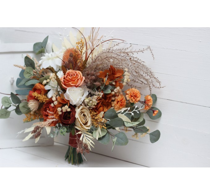 Wedding bouquets in burnt orange ivory colors. Bridal bouquet. Faux bouquet. Bridesmaid bouquet. 5109