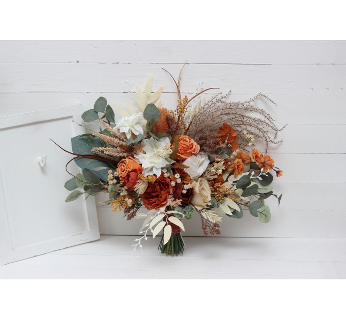 Wedding bouquets in burnt orange ivory colors. Bridal bouquet. Faux bouquet. Bridesmaid bouquet. 5109