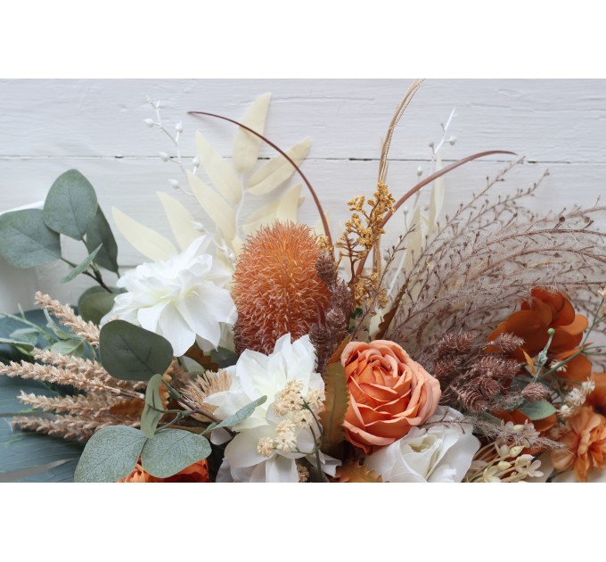 Wedding bouquets in burnt orange ivory colors. Bridal bouquet. Faux bouquet. Bridesmaid bouquet. 5109