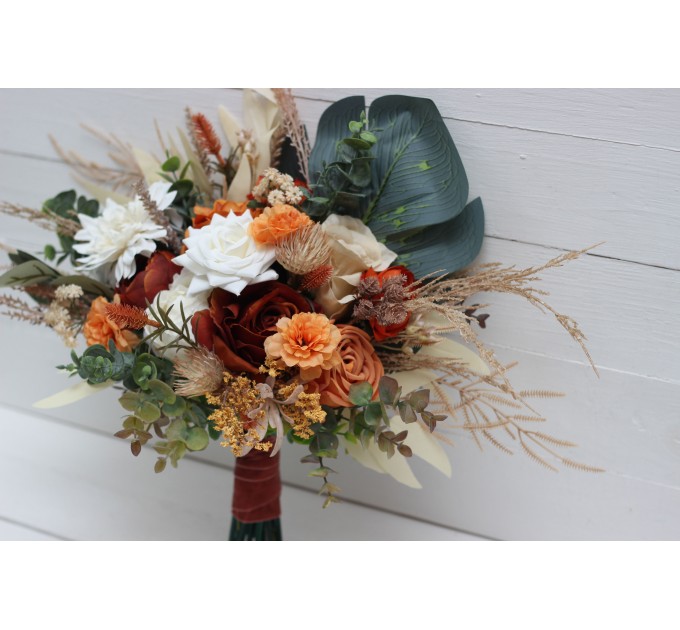 Wedding bouquets in burnt orange ivory colors. Bridal bouquet. Faux bouquet. Bridesmaid bouquet. 5109