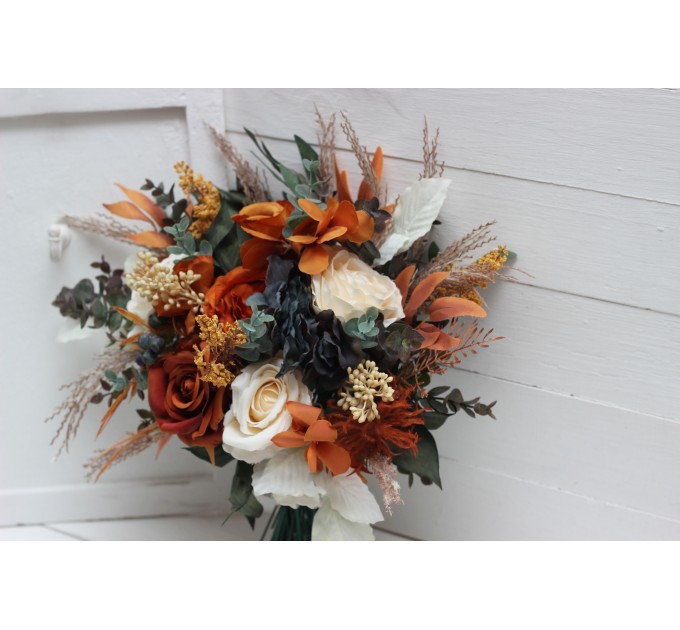 Wedding bouquets in burnt orange ivory navy blue colors. Bridal bouquet. Cascading bouquet. Faux bouquet. Bridesmaid bouquet. 5111